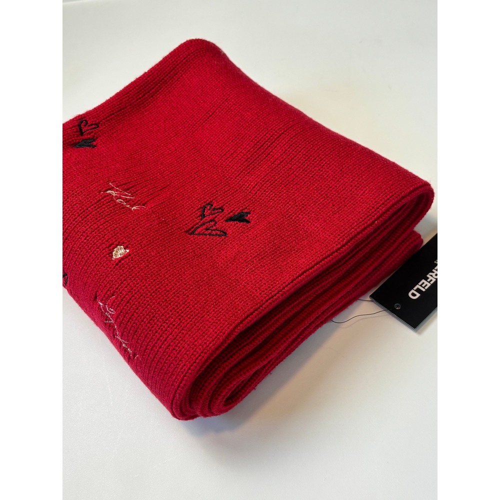 NEW Karl Lagerfeld Paris Scarf Red Novelty Embroidered Knit Ribbed L5KS8131 - Picture 5 of 7